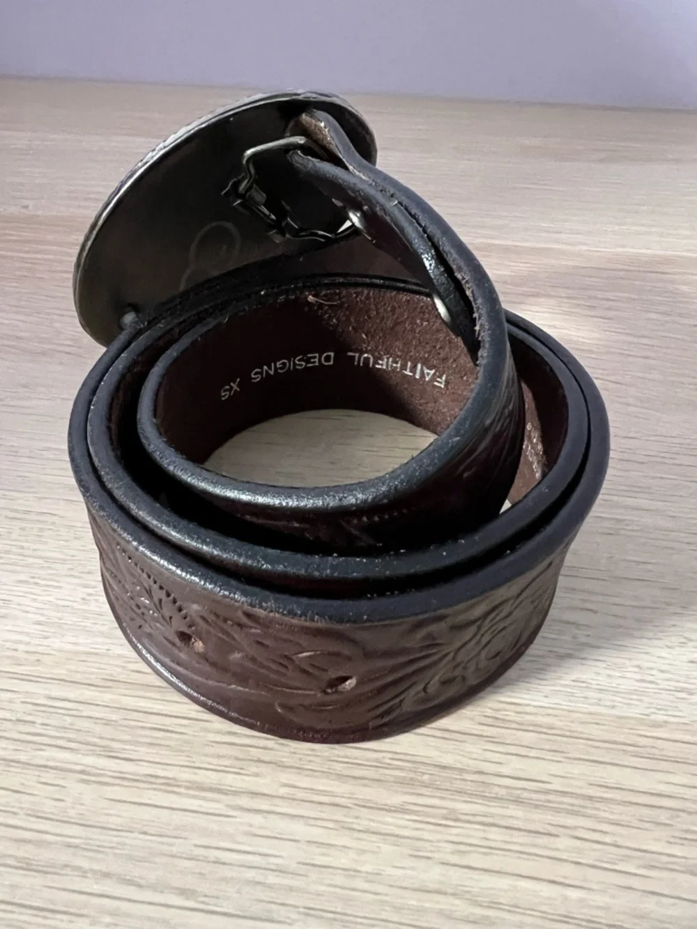 Faithful Designs X IVAN Oval Cherry Blossoms Metal Buckle Tooled Leather Belt XS